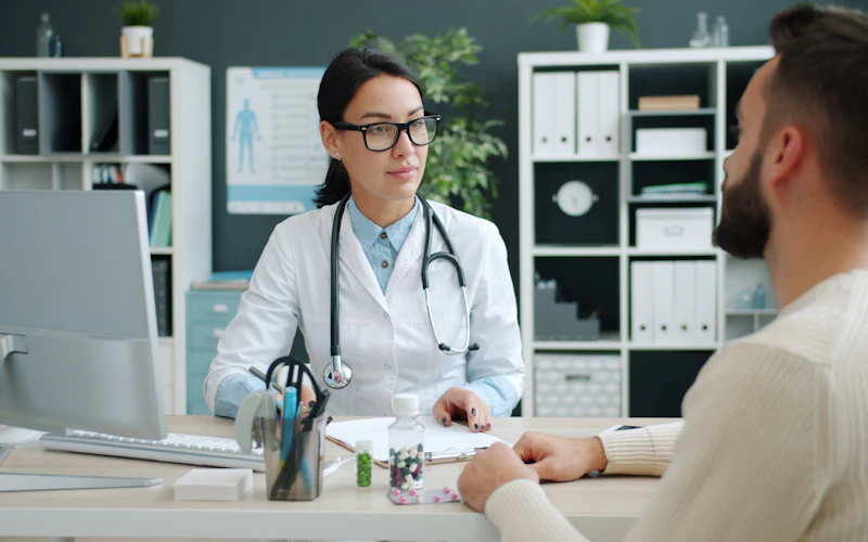 A doctor consulting with a patient in a medical office
