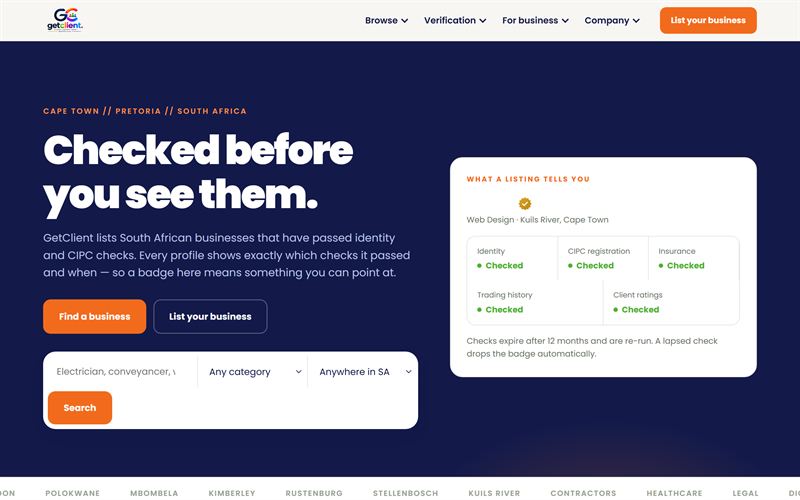 The Getclient website homepage