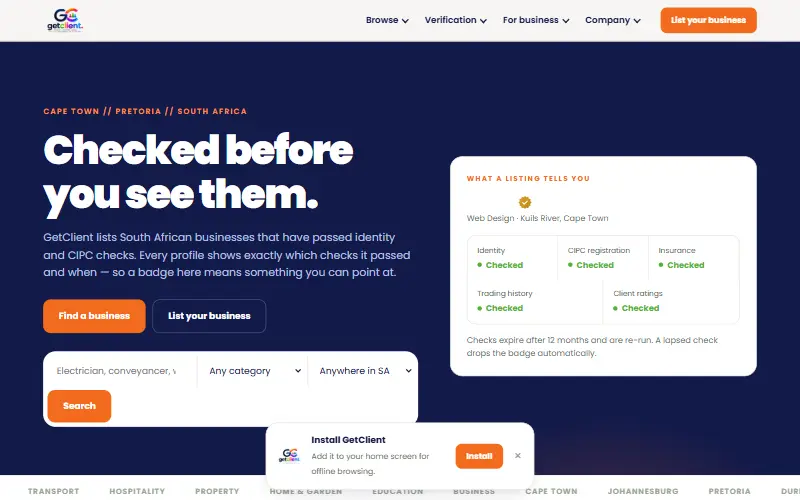The GetClient verified business directory homepage
