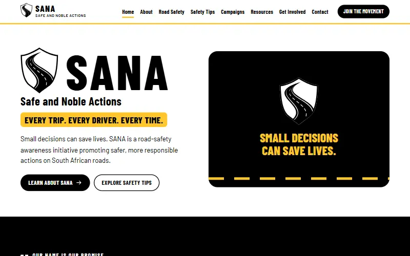 The SANA road-safety website homepage