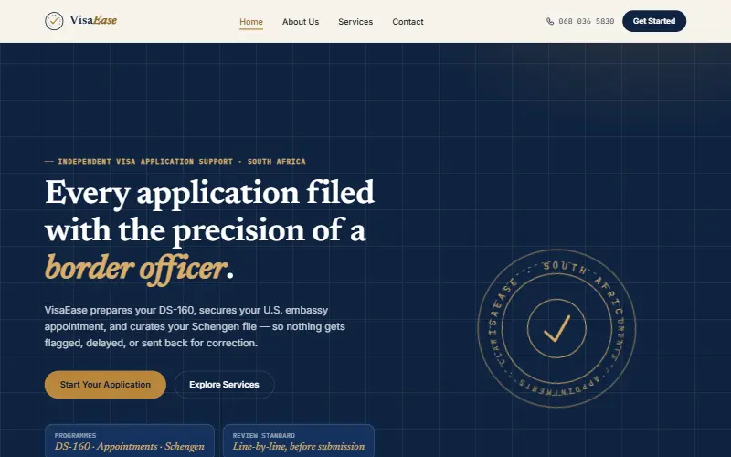 The VisaEase website homepage